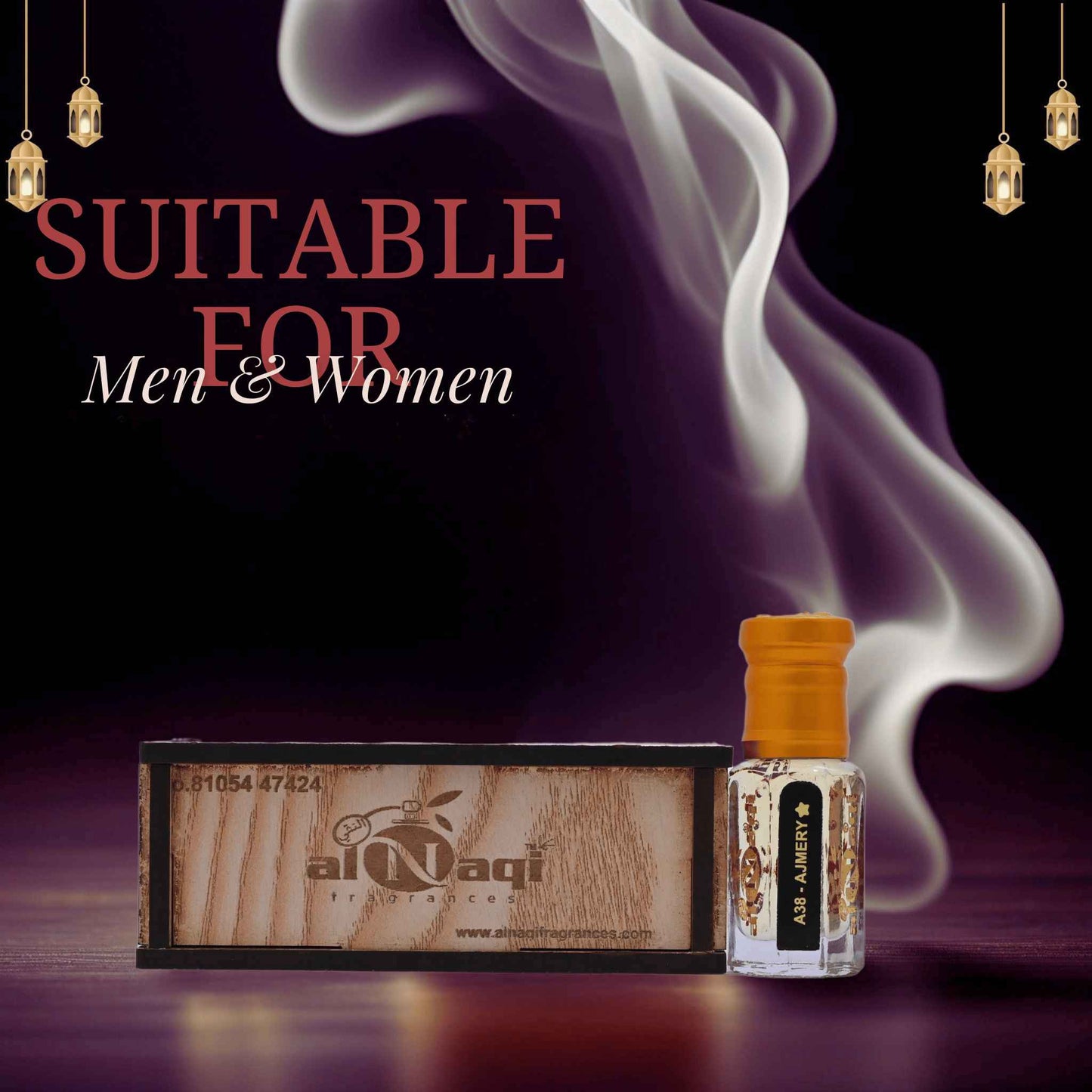 Al Magi perfume bottle and box with smoke effect on a dark background
