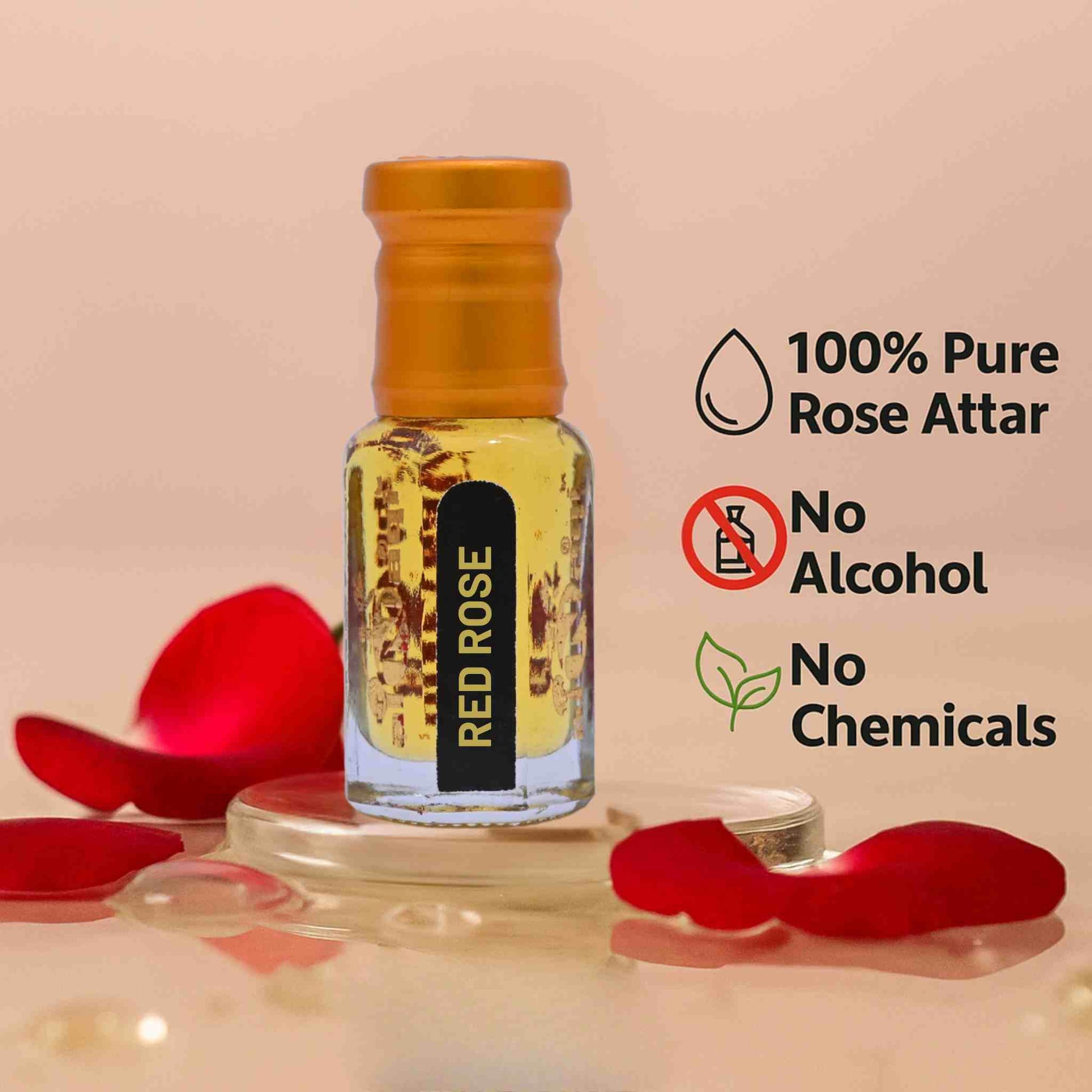 Bottle of Red Rose 100% Pure Rose Attar with rose petals on a beige background