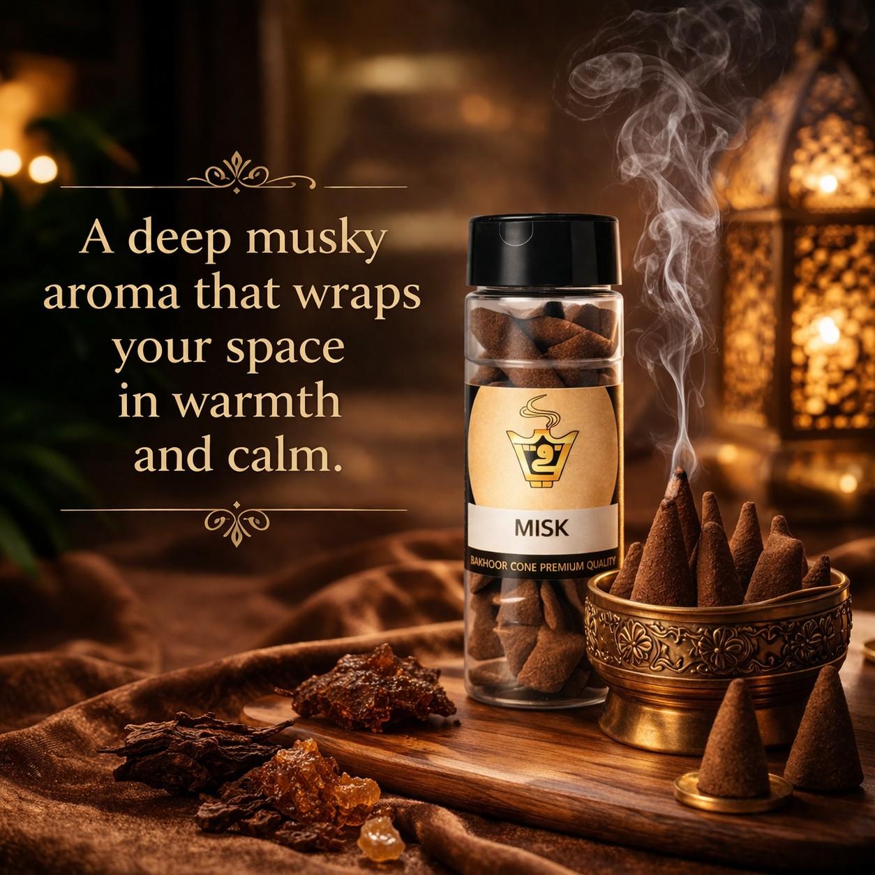 Incense bottle with incense cones and smoke on a wooden surface, with text describing the aroma.