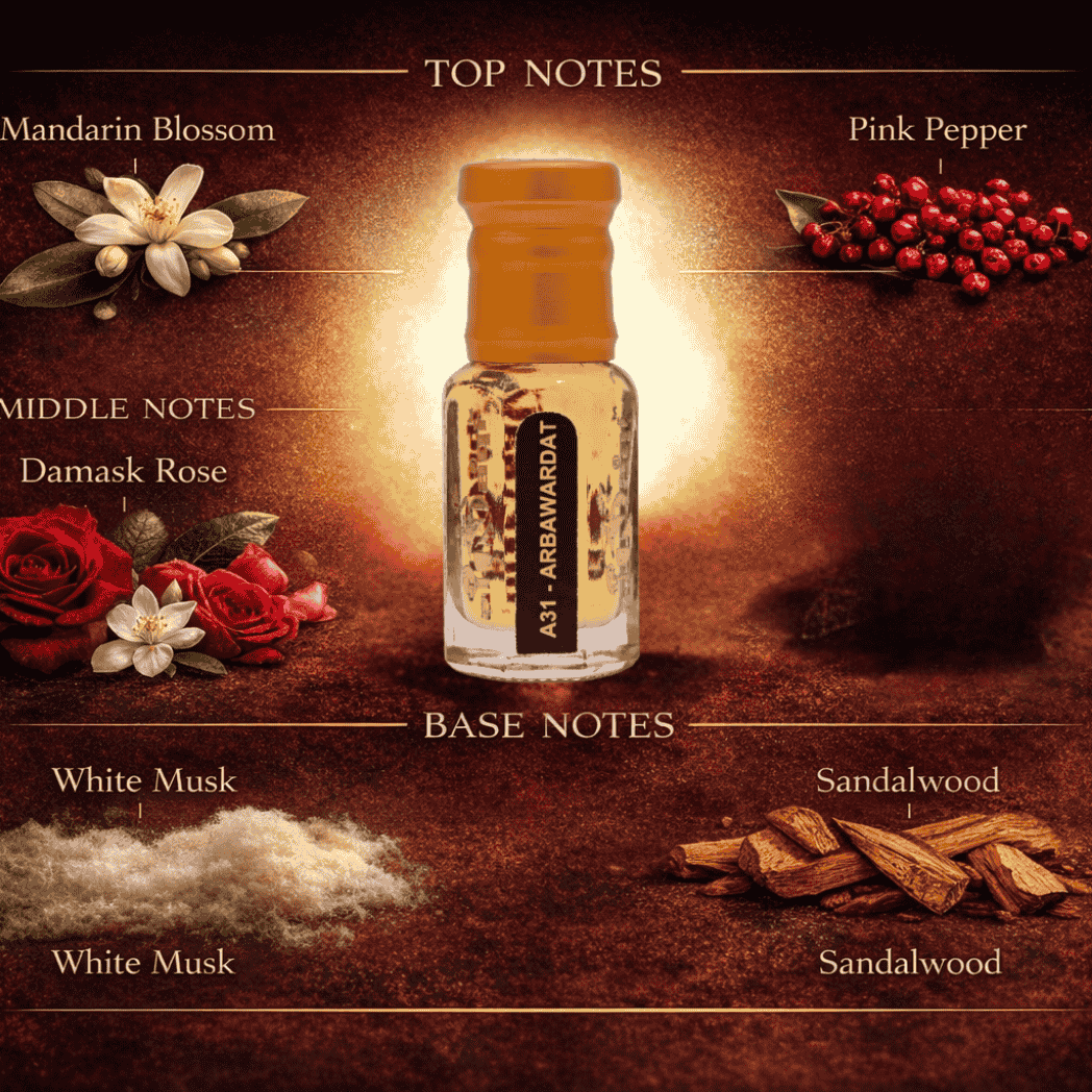 Stylish glass container showcasing the luxurious Arba Vardat fragrance.