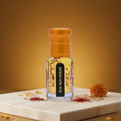 Ruh Kesar Attar premium glass bottle close-up view