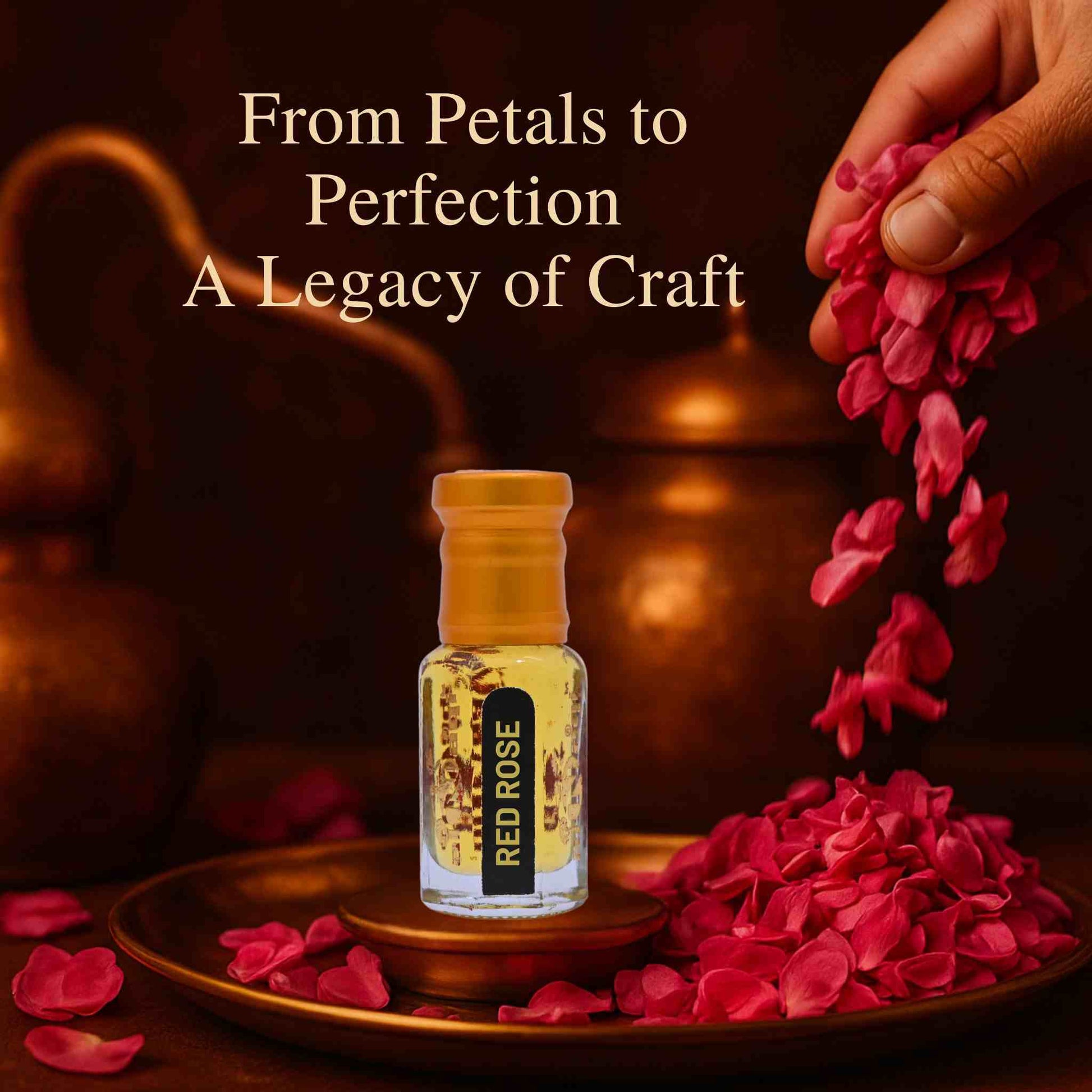Bottle of Red Rose oil with rose petals on a dark background, text 'From Petals to Perfection A Legacy of Craft'.