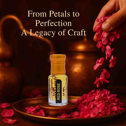 Bottle of Red Rose oil with rose petals on a dark background, text 'From Petals to Perfection A Legacy of Craft'.