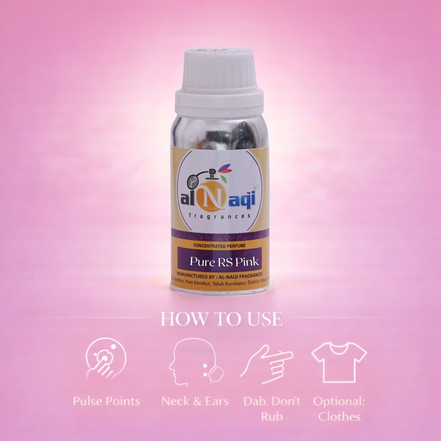 Bottle of Al-Naqi Fragrances Pure RS Pink on a pink gradient background with usage instructions.