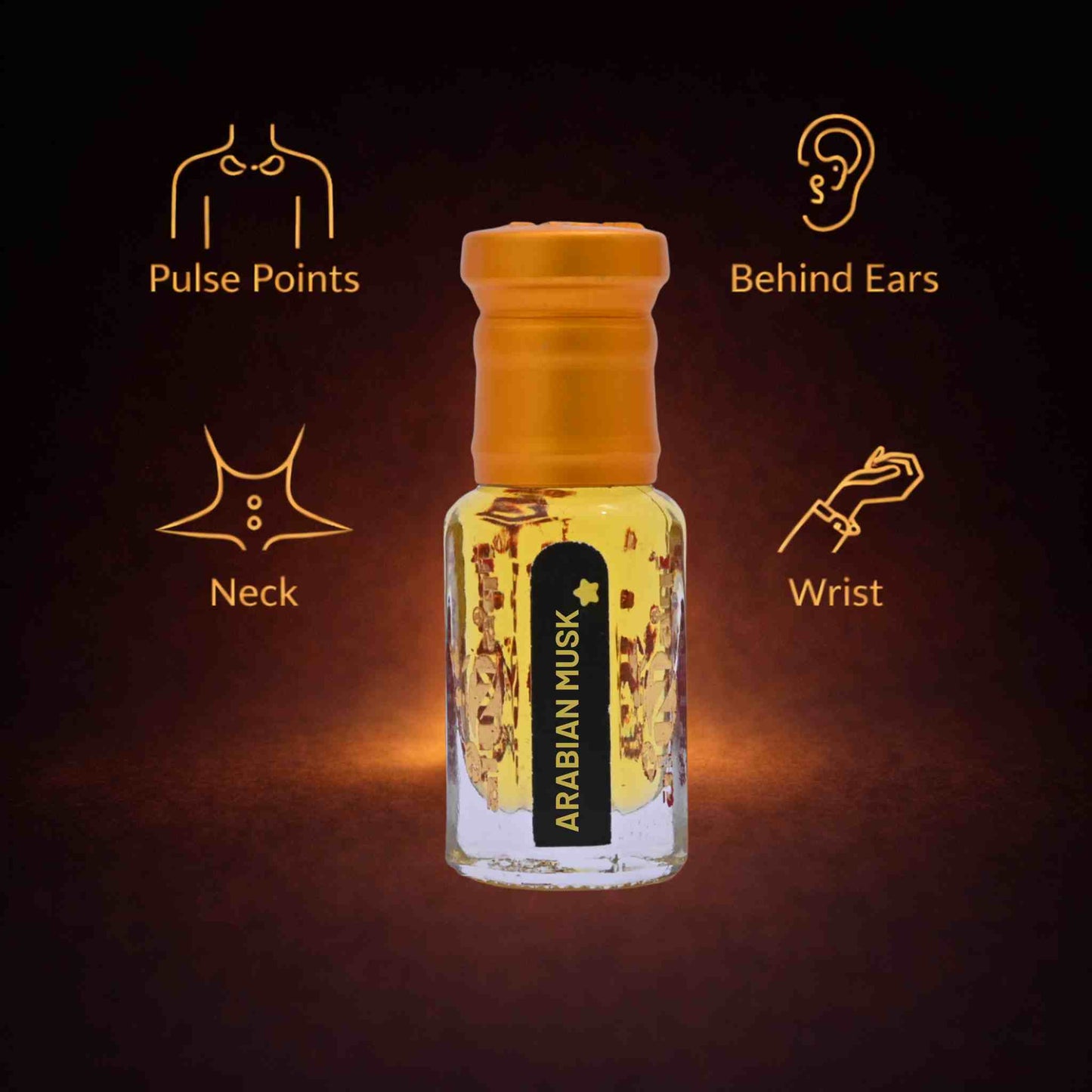 Bottle of Arabian Musk perfume with application points on a dark background