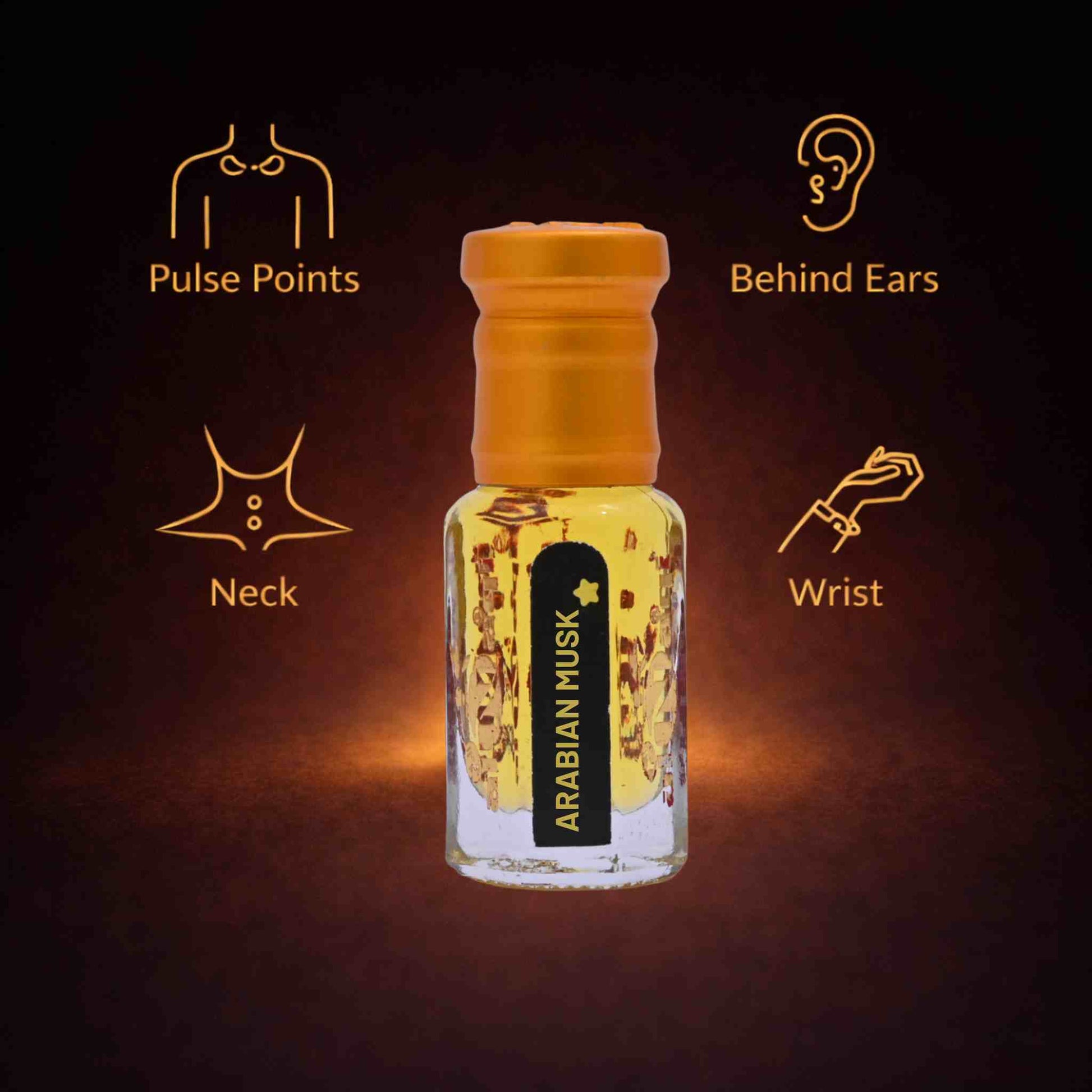 Bottle of Arabian Musk perfume with application points on a dark background