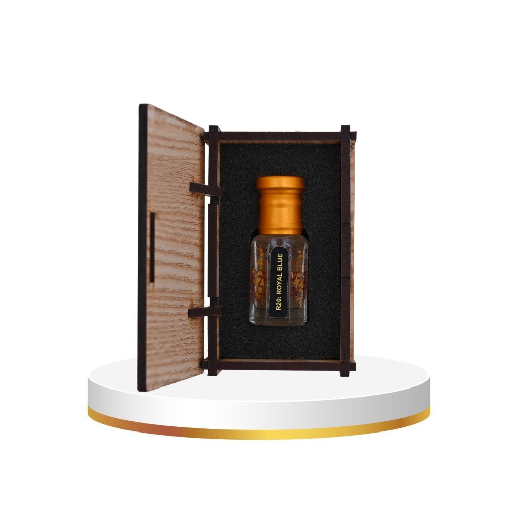 Royal blue perfumes bottle with fresh masculine aroma
