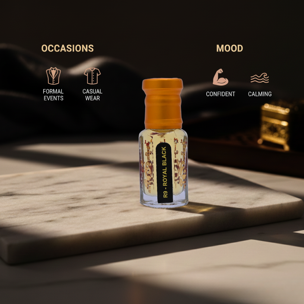 Royal attar perfume with bold oriental notes, elegant Arabian fragrance oil for men