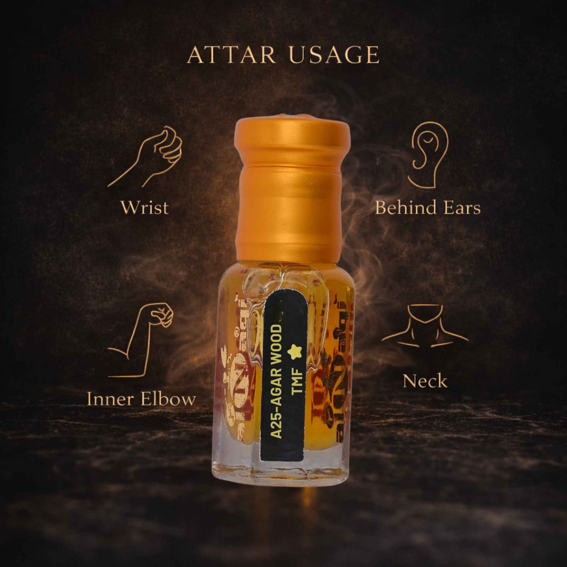 Attar bottle with usage instructions on a dark background