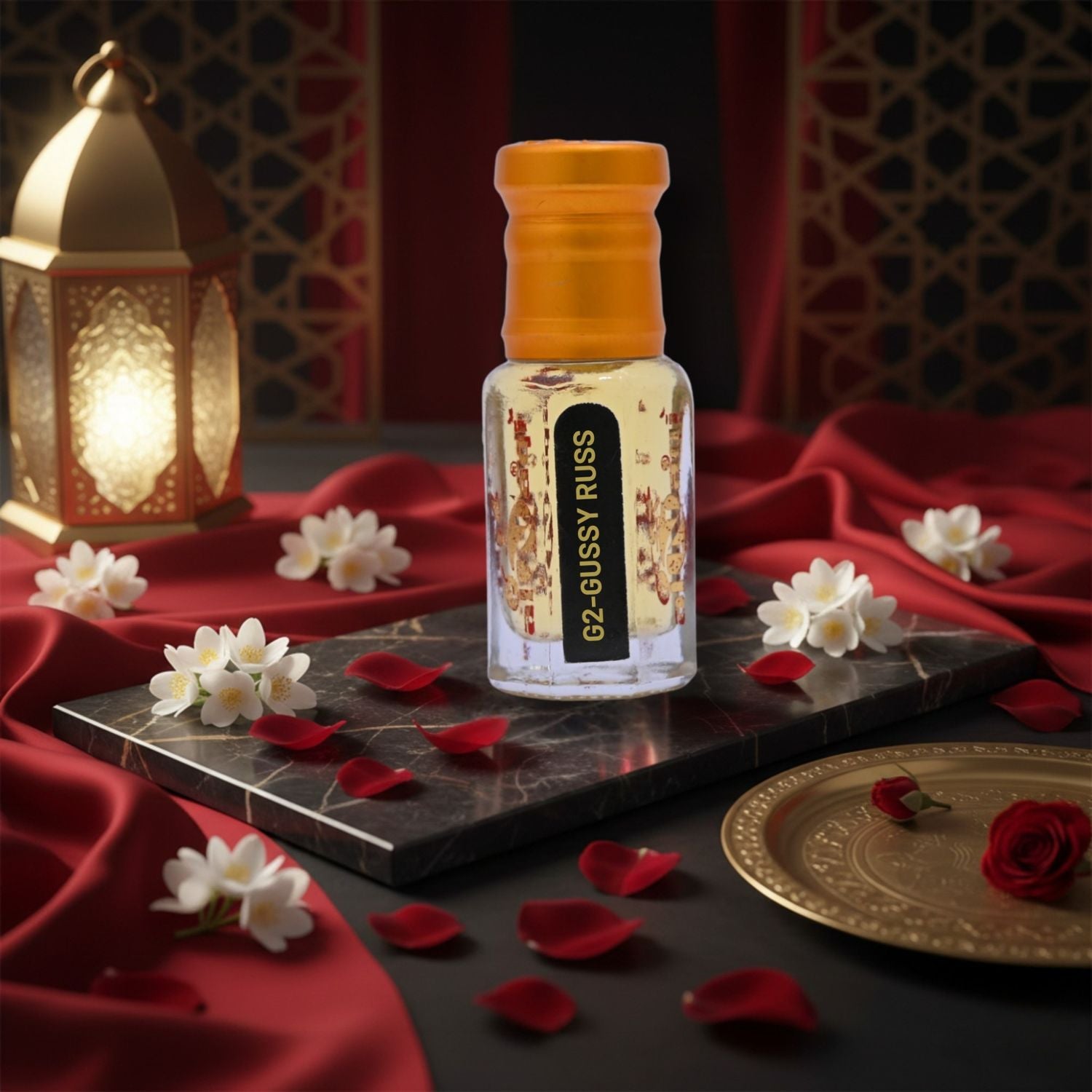 Sophisticated attar bottle with a dark, refined aesthetic.