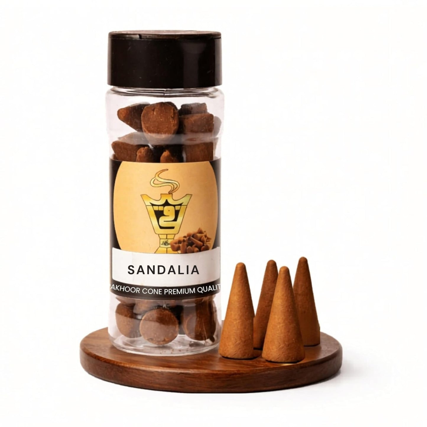Incense cones in a glass jar with a wooden lid and stand on a white background