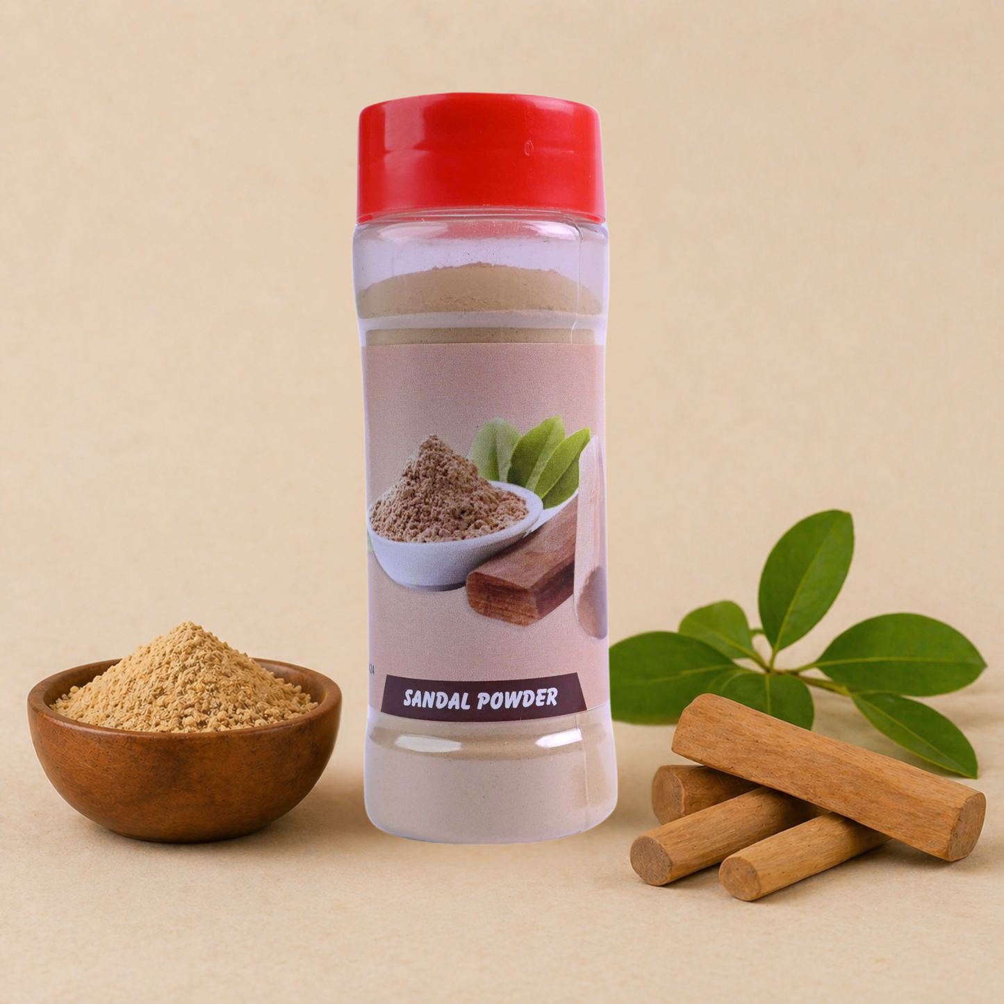 Bottle of sandal powder with a red cap, surrounded by sandalwood sticks and leaves on a beige background.