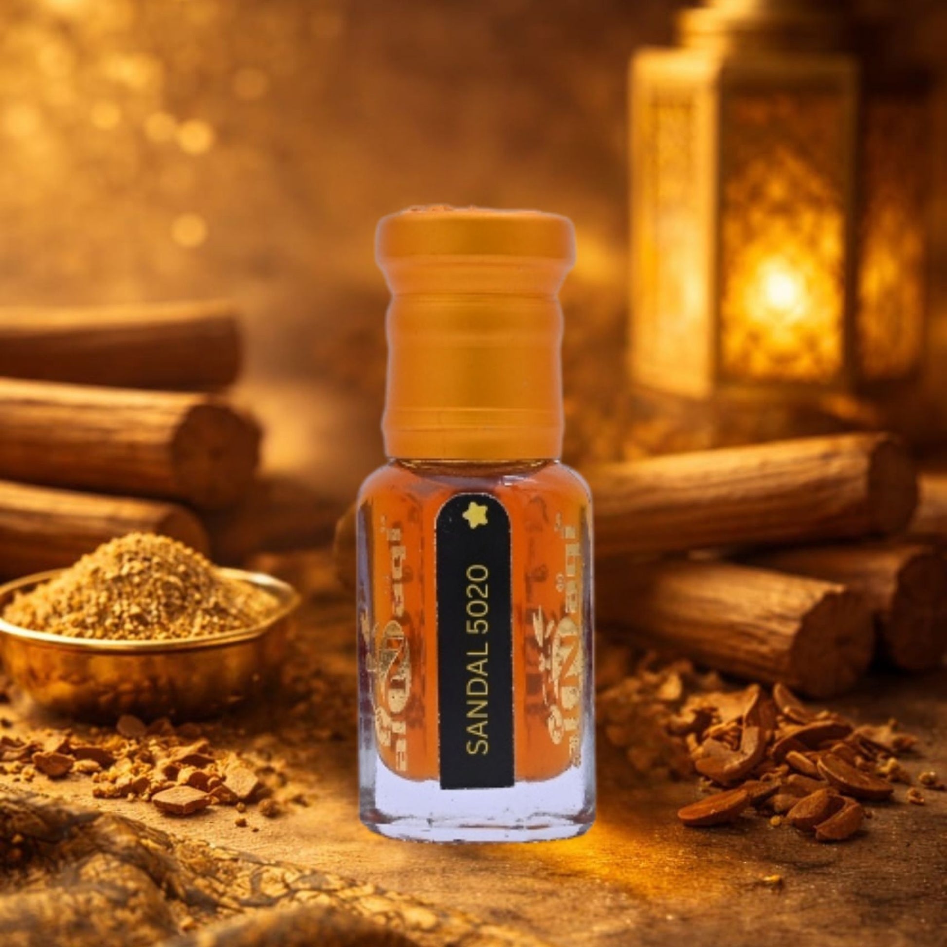 Bottle of Sandal 5020 with sandalwood pieces and a lantern in the background