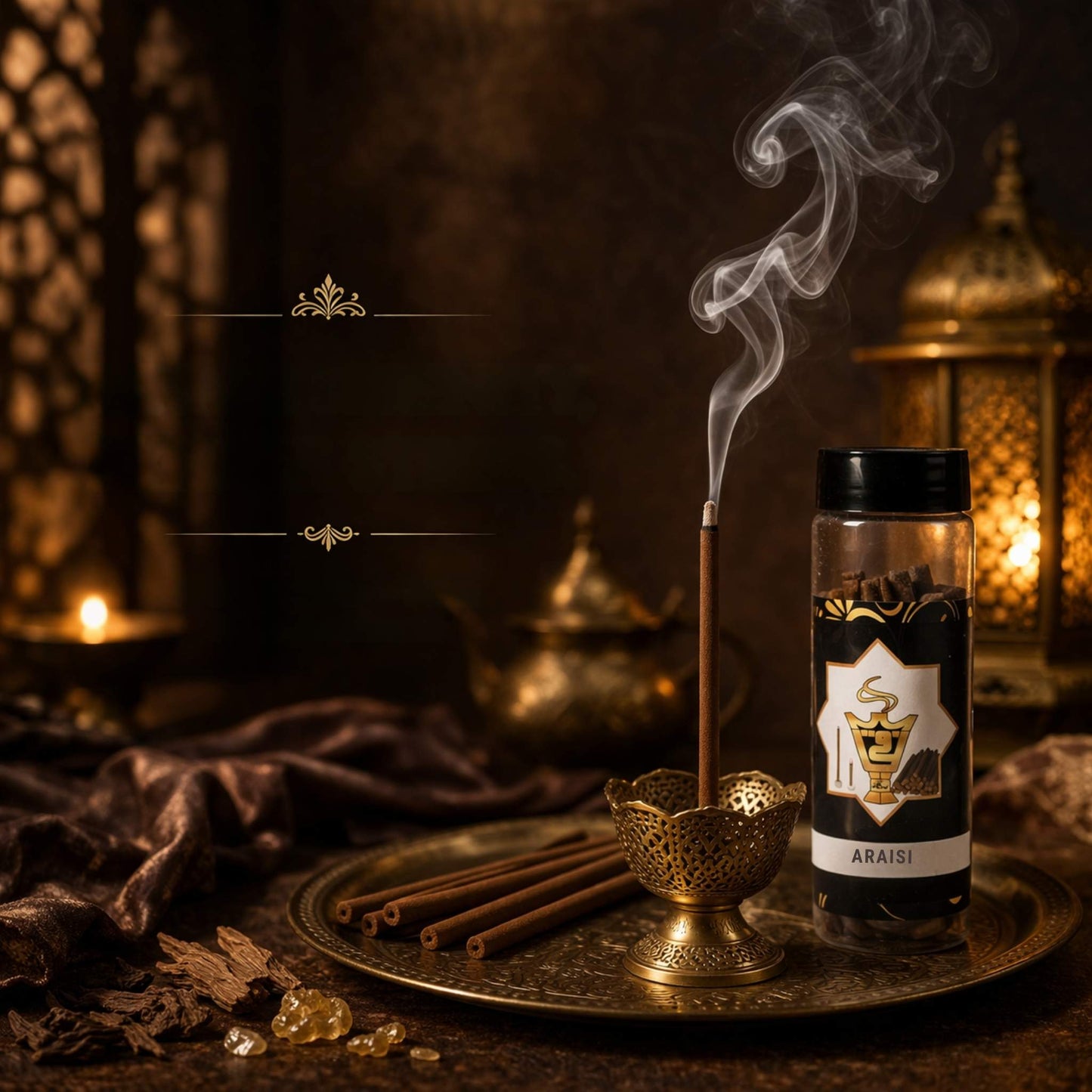 Incense stick and bottle with smoke on a dark background