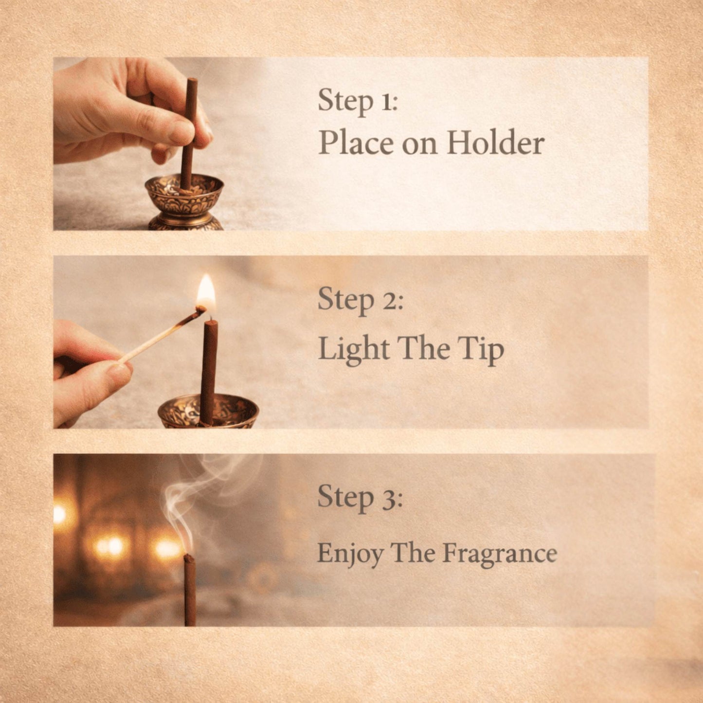 Step-by-step guide on how to light and use an incense stick with text labels.