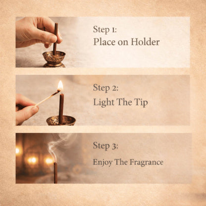 Step-by-step guide on how to light and use an incense stick with text labels.