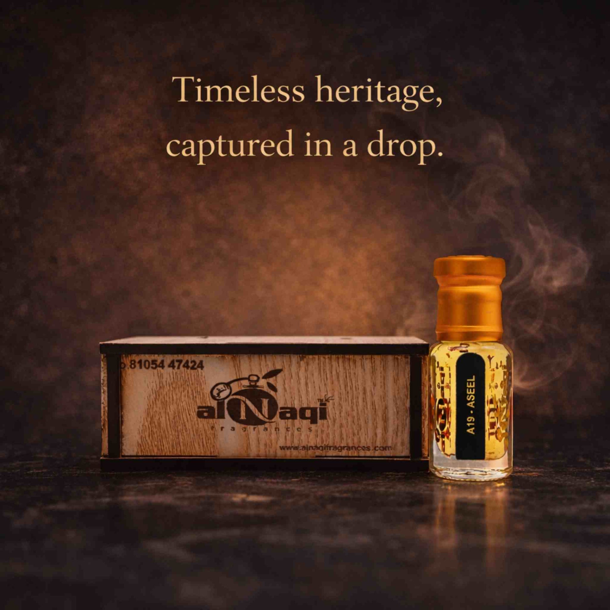 Al-Rehab perfume bottle and wooden box with 'Timeless heritage, captured in a drop' text on a dark background.