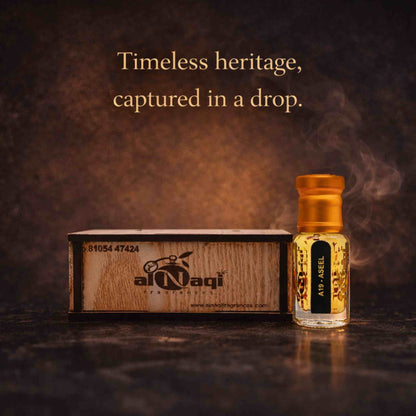 Al-Rehab perfume bottle and wooden box with 'Timeless heritage, captured in a drop' text on a dark background.