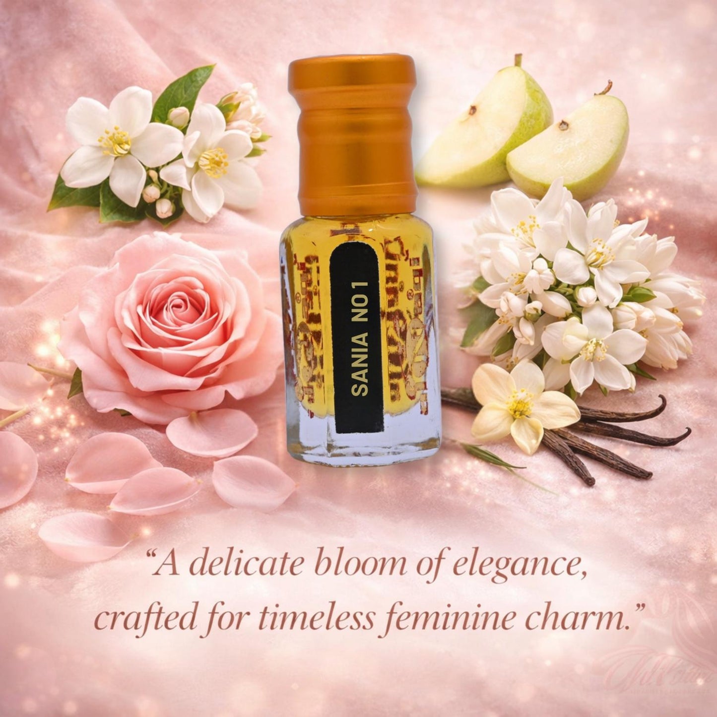 Bottle of Shanaya Alnaqi perfume with golden cap and branded label on wooden surface