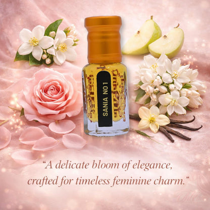Bottle of Shanaya Alnaqi perfume with golden cap and branded label on wooden surface