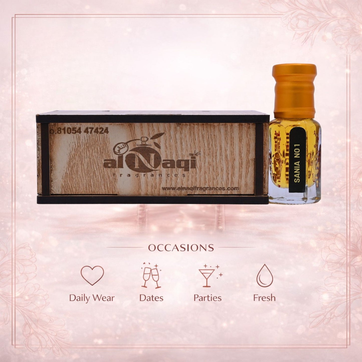 Shanaya Alnaqi fragrance bottle with elegant gold and glass design on white background

