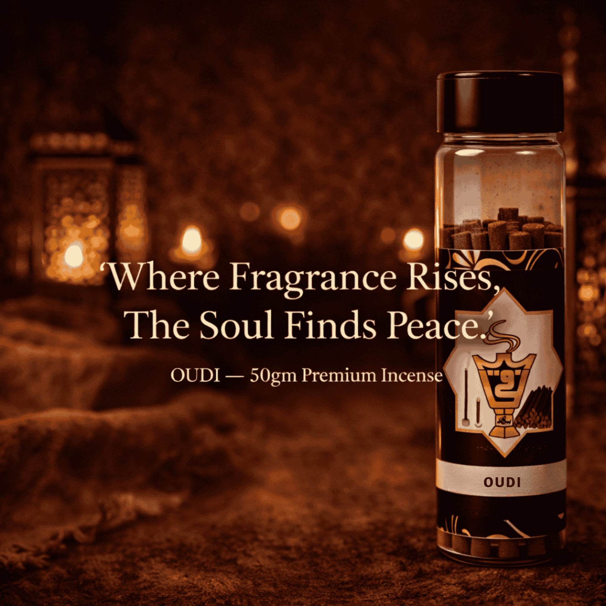 Bottle of OUDI premium incense with text 'Where Fragrance Rises, The Soul Finds Peace.' on a warm-toned background.
