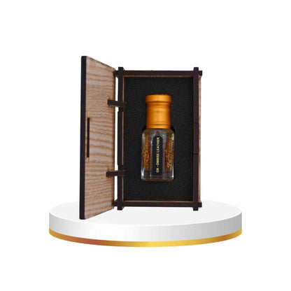Small bottle with wooden cap in an open wooden box on a white platform