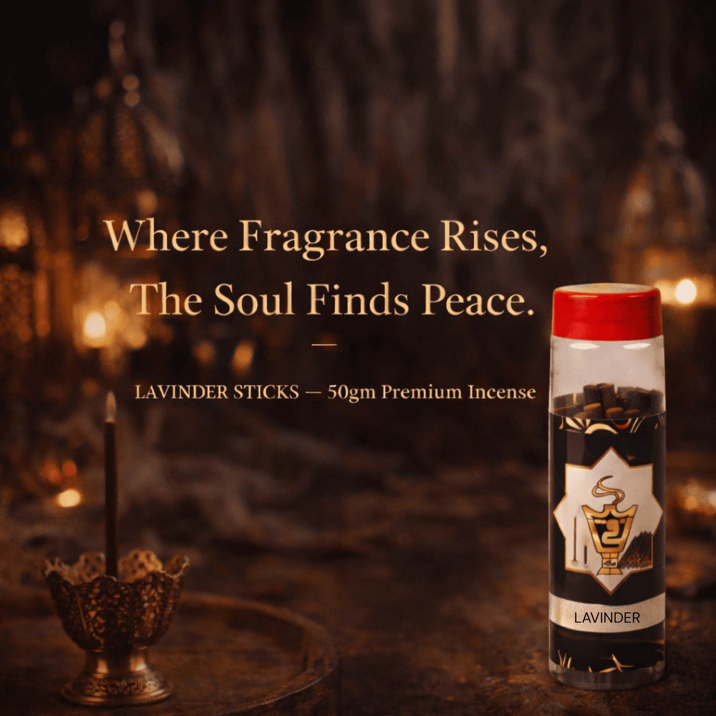 Lavender incense stick container with a quote about fragrance and peace on a warm-toned background.