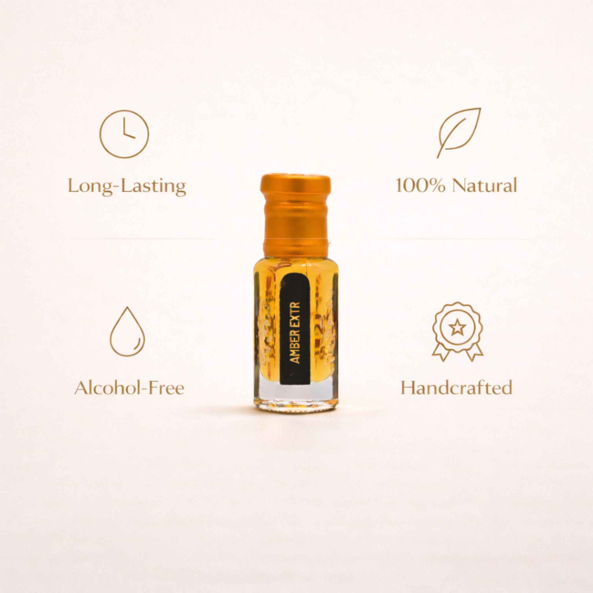 Amber extract bottle with certification icons on a light background