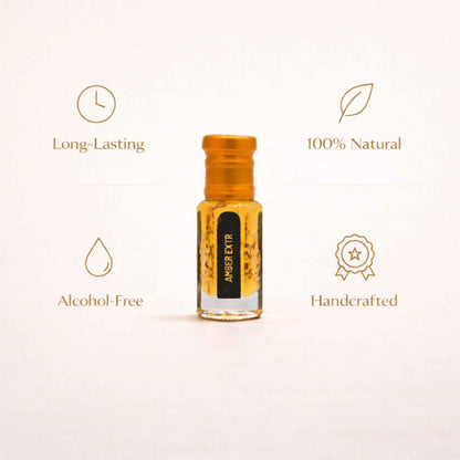 Amber extract bottle with certification icons on a light background