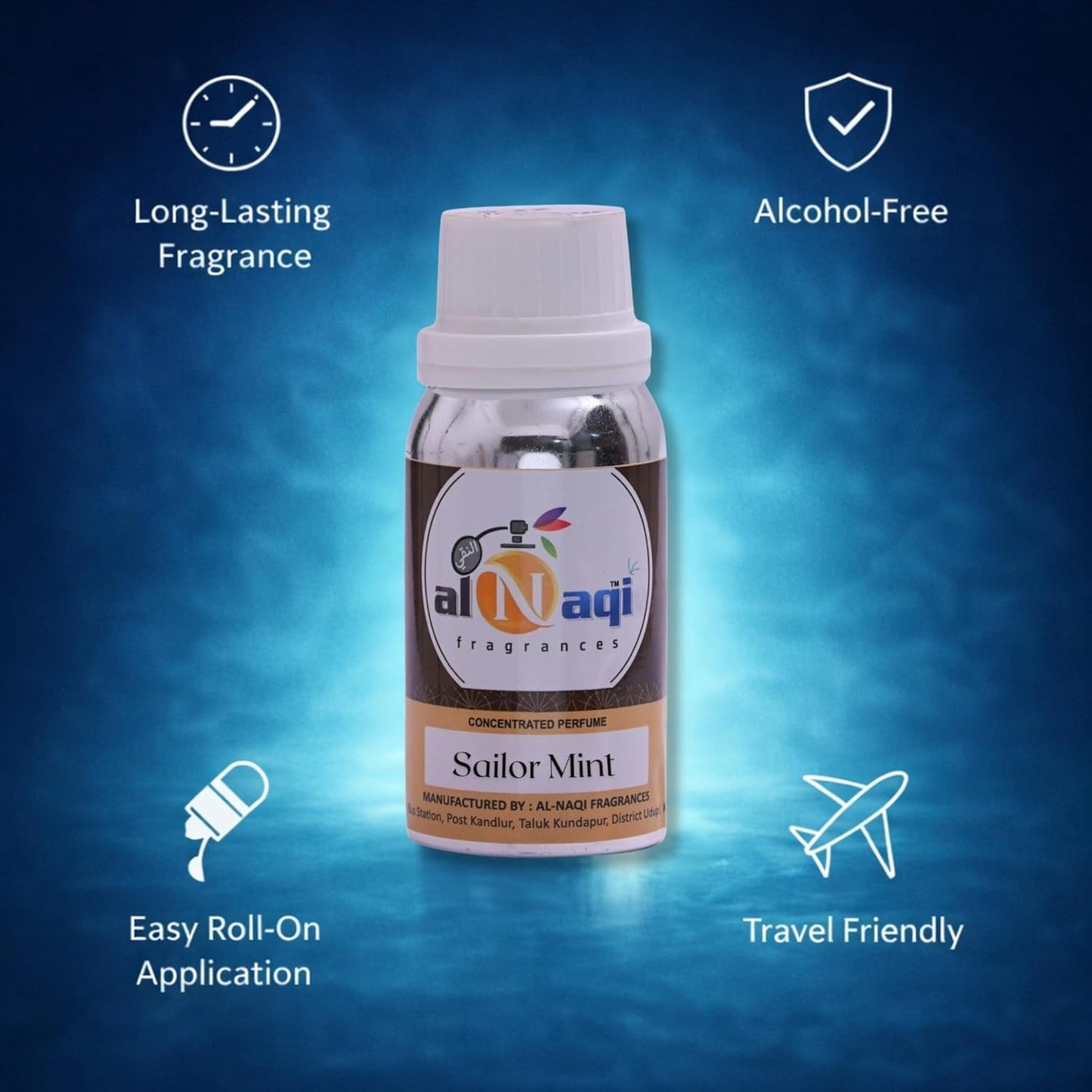 Perfume bottle with Al-Naqi branding on a blue gradient background