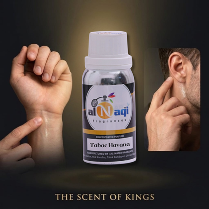 Al-Naqi fragrances bottle with a hand applying perfume and close-up of an ear, on a dark background.