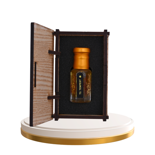 Bottle of T2 Tempest tea in a decorative wooden box on a white background