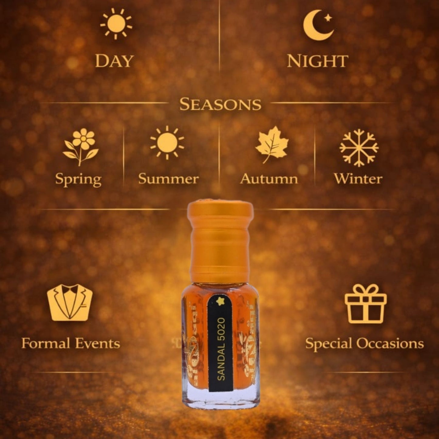 Bottle of Sandalwood oil with seasonal and event icons on a brown background