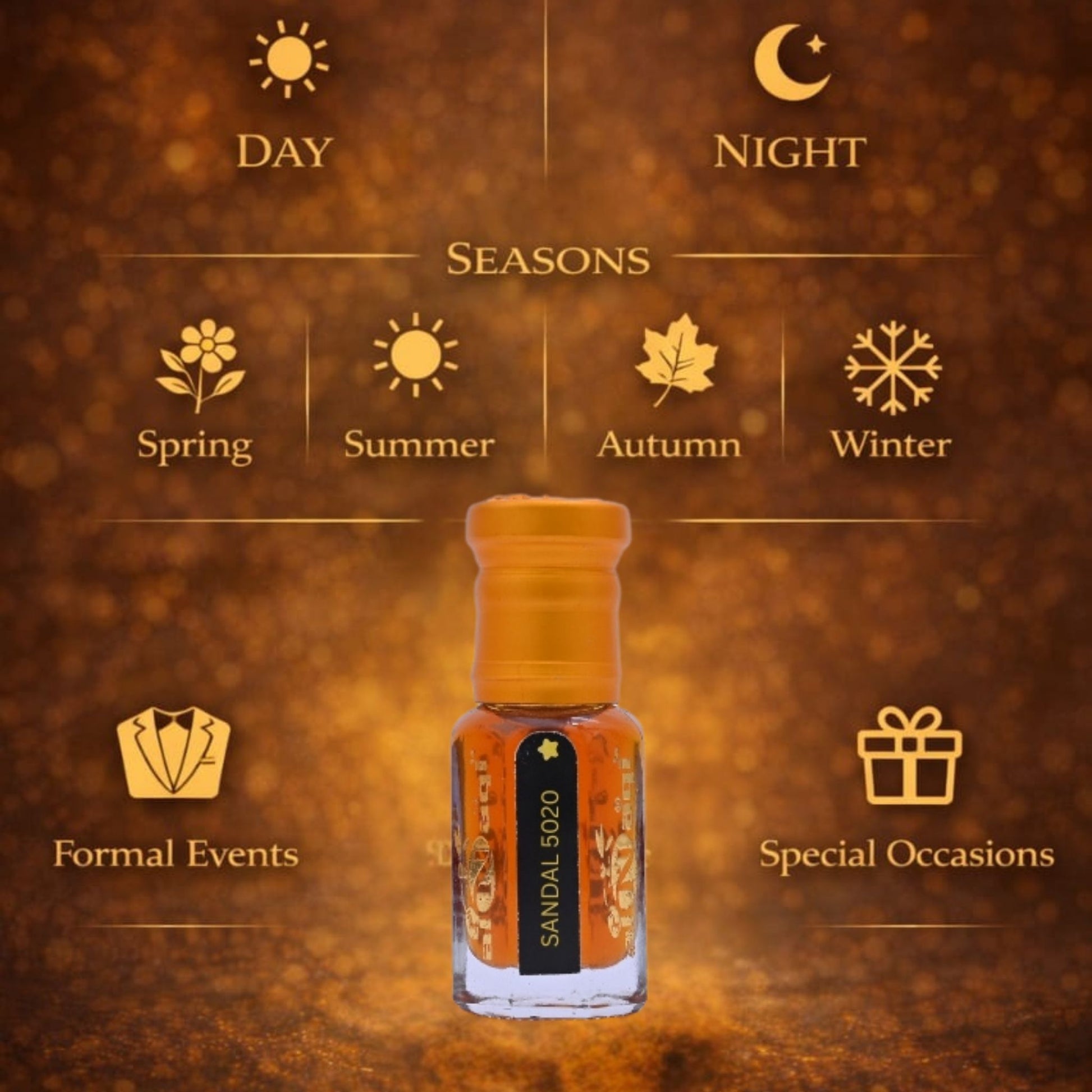 Bottle of Sandalwood oil with seasonal and event icons on a brown background