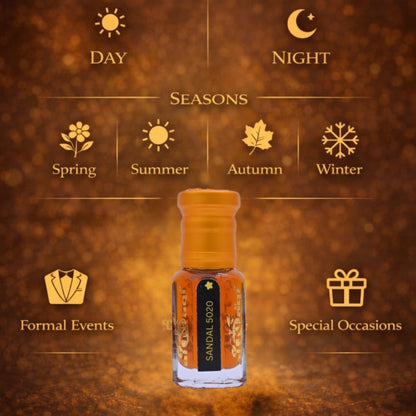 Bottle of Sandalwood oil with seasonal and event icons on a brown background