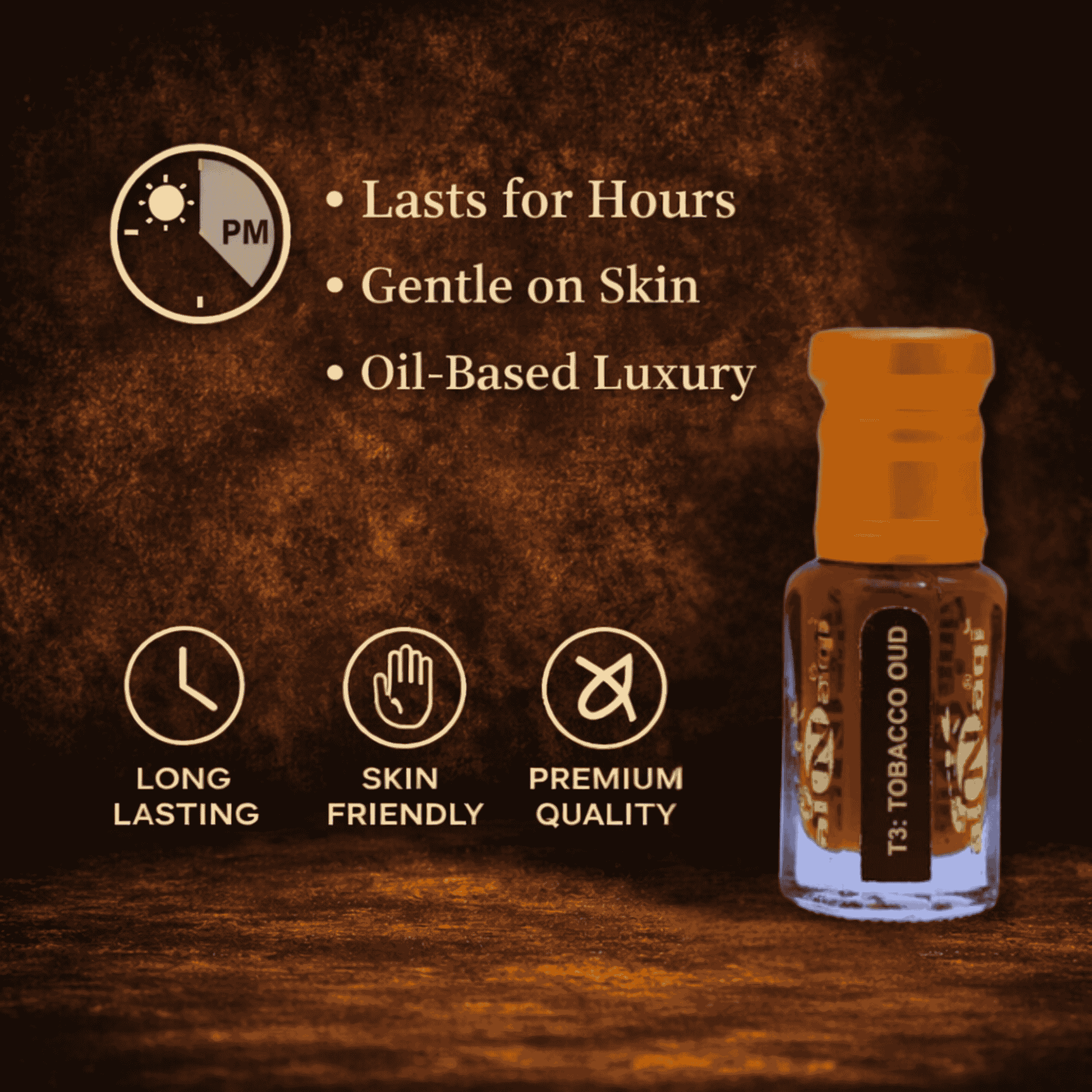 Small bottle of tobacco oil with wooden box on a light purple background, featuring product attributes.