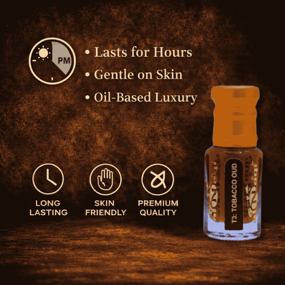 Small bottle of tobacco oil with wooden box on a light purple background, featuring product attributes.