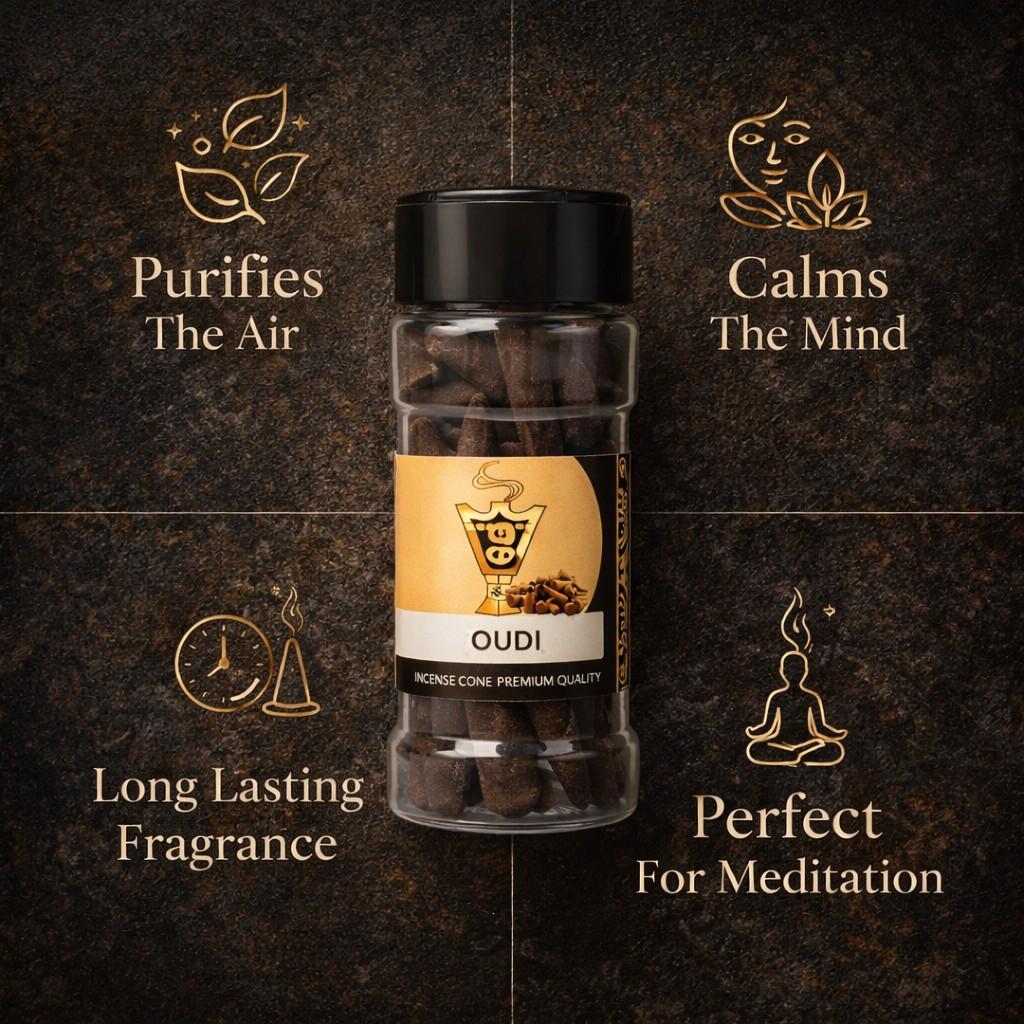 Oudi incense cone packaging with text on a dark background