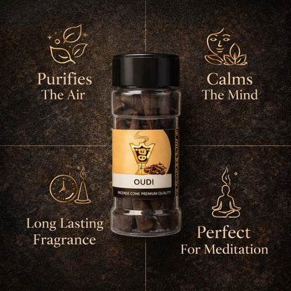 Oudi incense cone packaging with text on a dark background