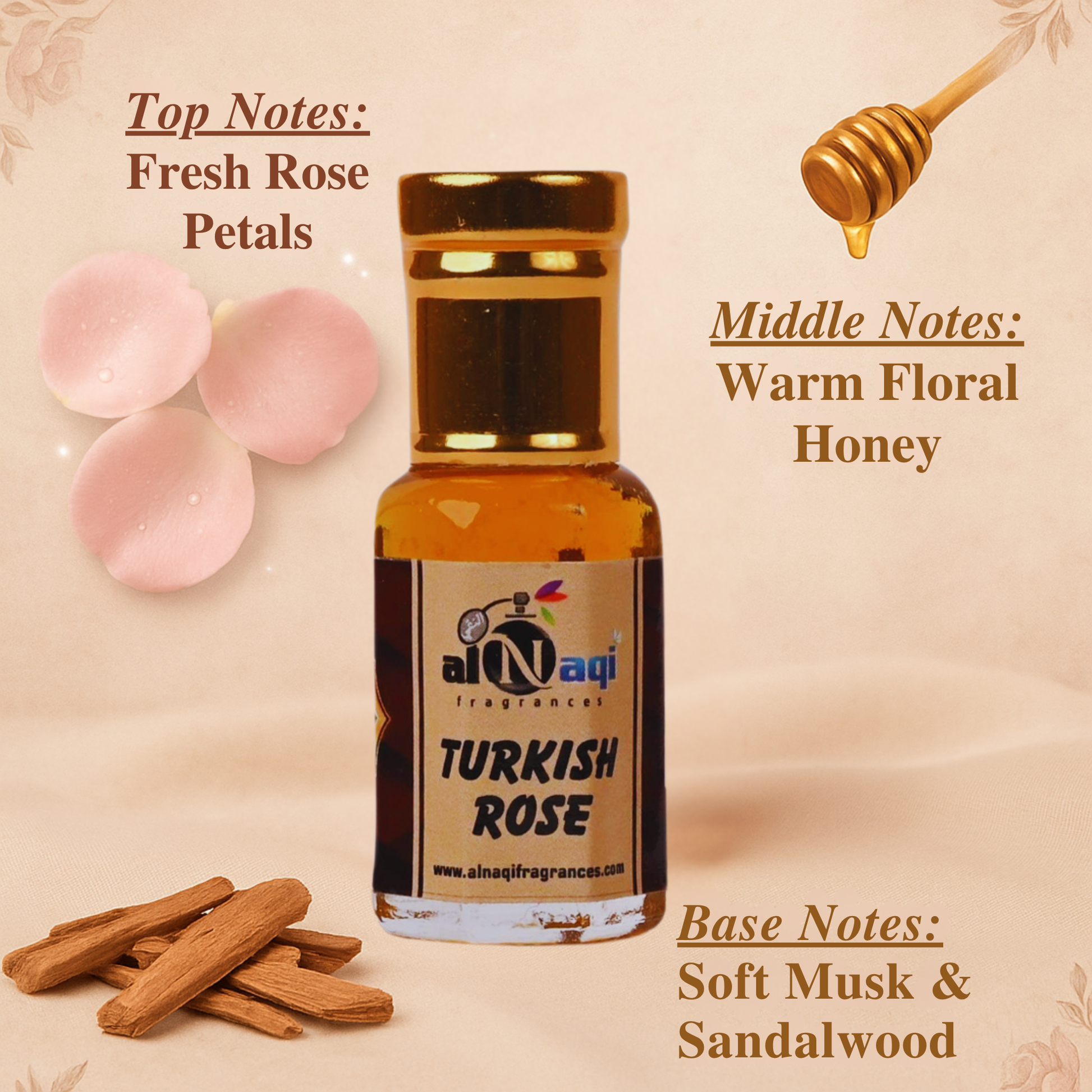 Bottle of Turkish Rose fragrance with notes description on a beige background