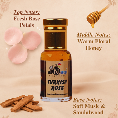 Bottle of Turkish Rose fragrance with notes description on a beige background