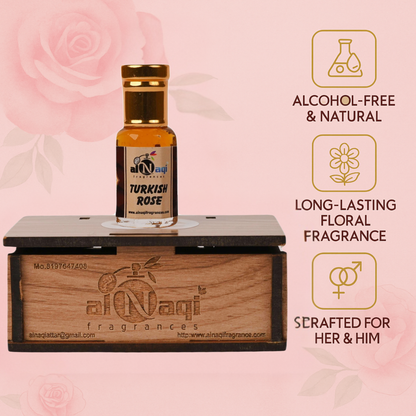 Fragrance bottle on a wooden stand with product details on a pink background