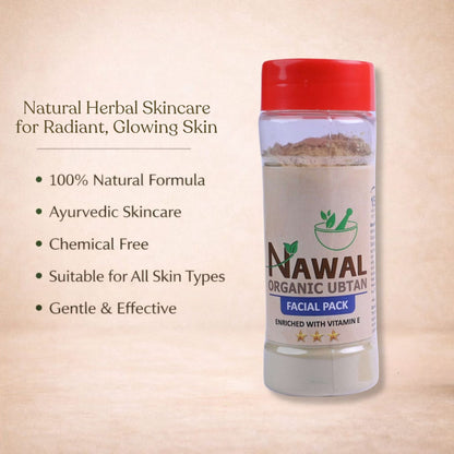 NAWAL Organic Ubtan facial pack bottle with product details on a beige background