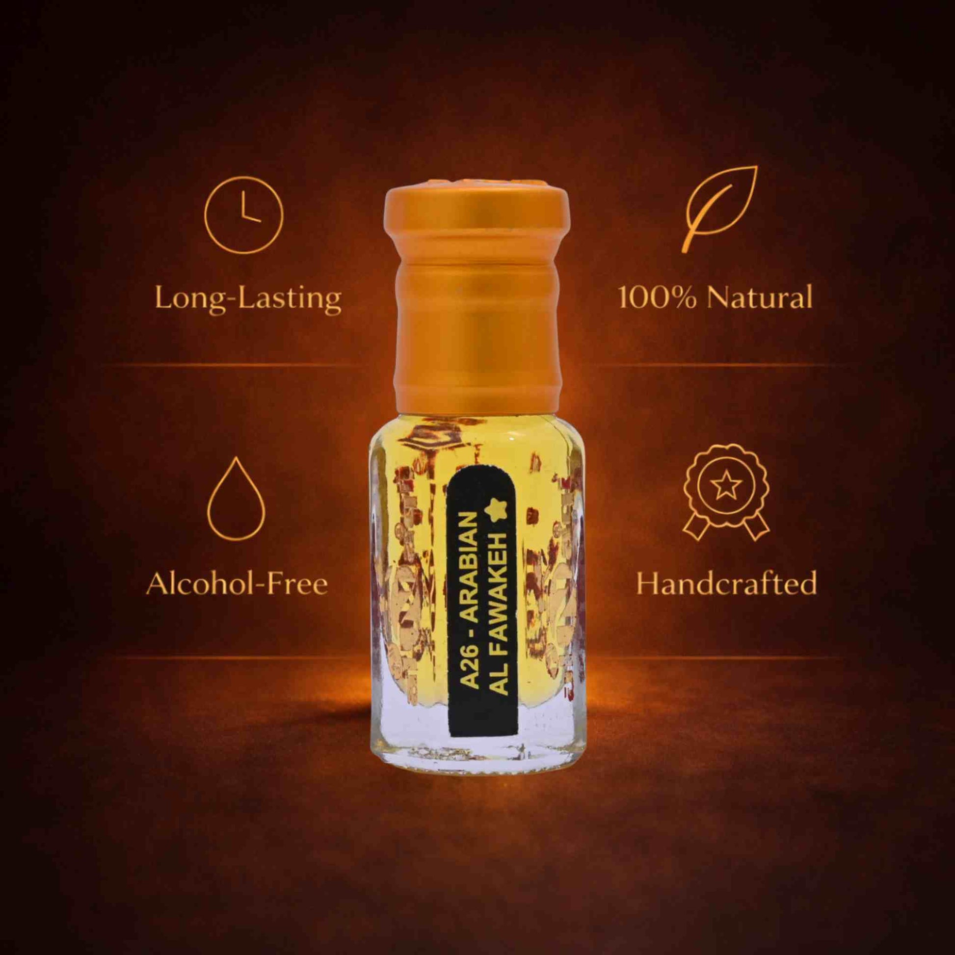 Bottle of Arabian Al Fawakeh with product features on a dark background