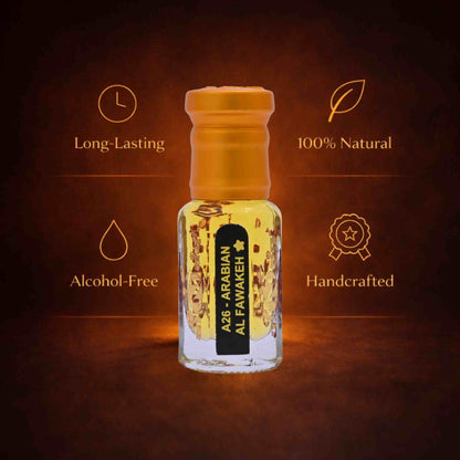 Bottle of Arabian Al Fawakeh with product features on a dark background