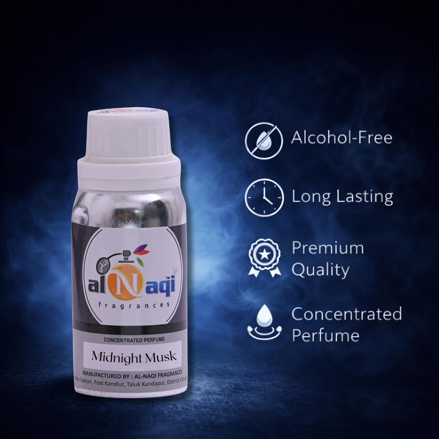 Bottle of Al-Naqi Fragrances Midnight Musk perfume with product features on a dark background