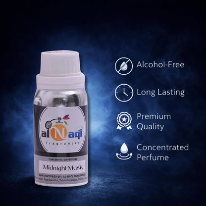 Bottle of Al-Naqi Fragrances Midnight Musk perfume with product features on a dark background