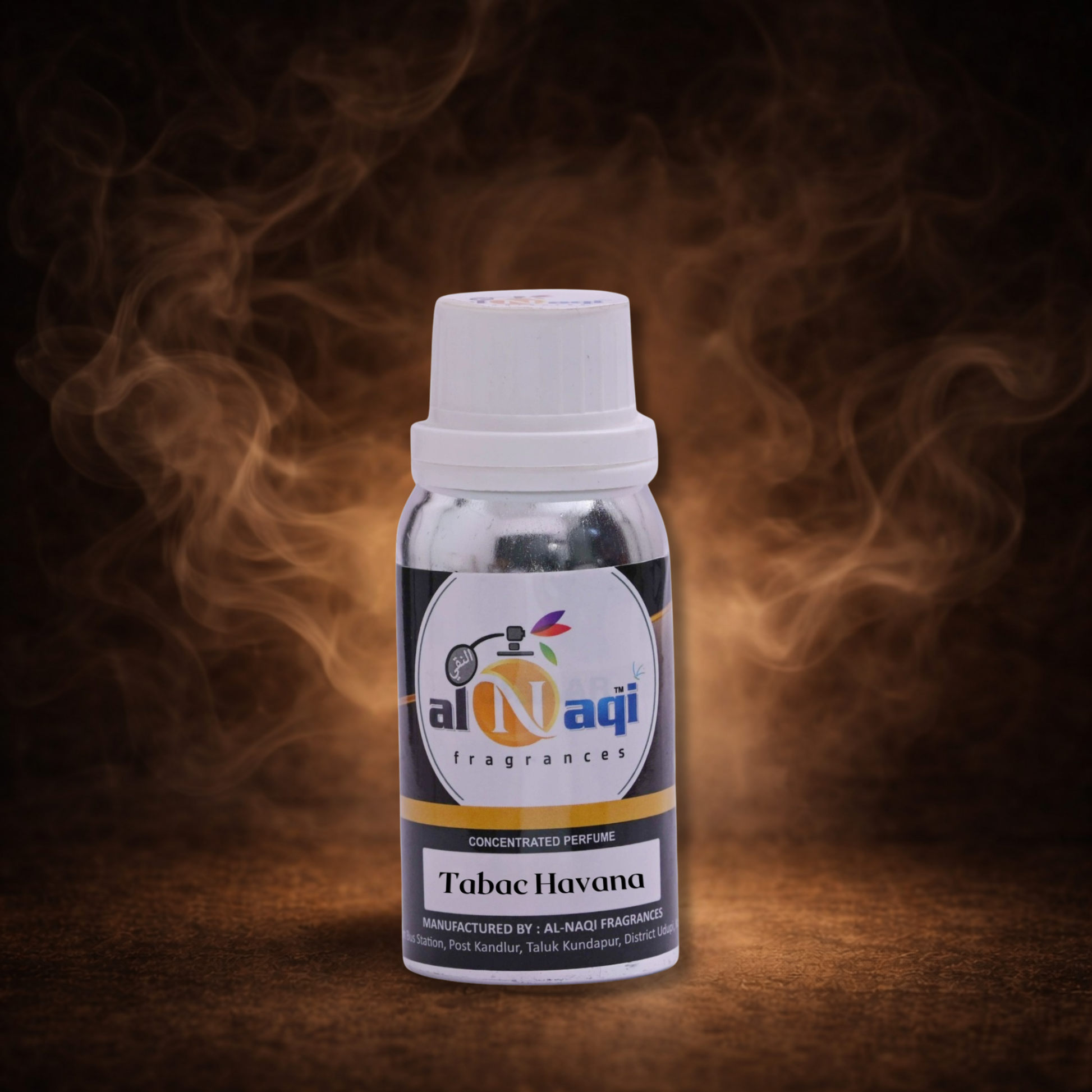 Bottle of Tabac Havana perfume by Al-Naqi with smoke effect on a dark background