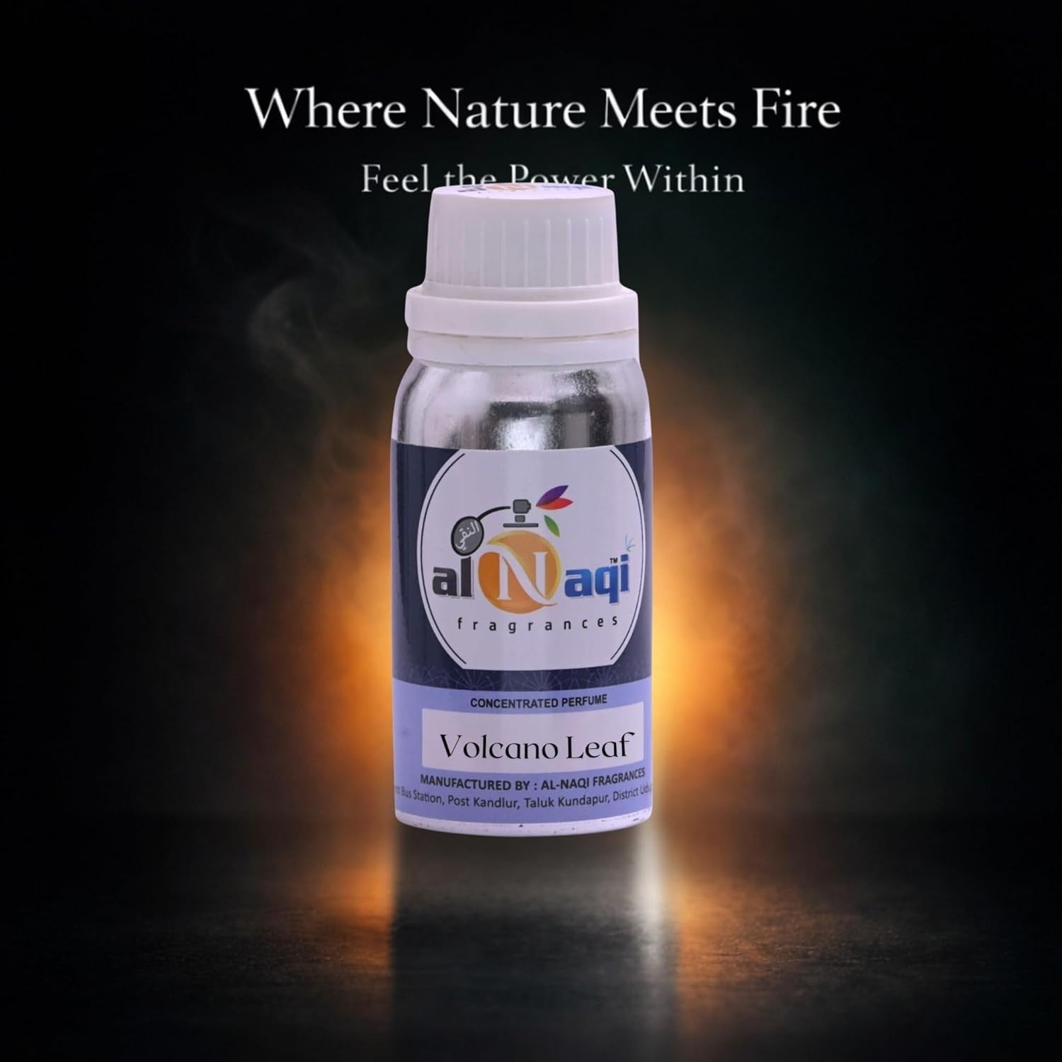Bottle of Al-Naqi Volcano Leaf perfume with smoke effect on a dark background